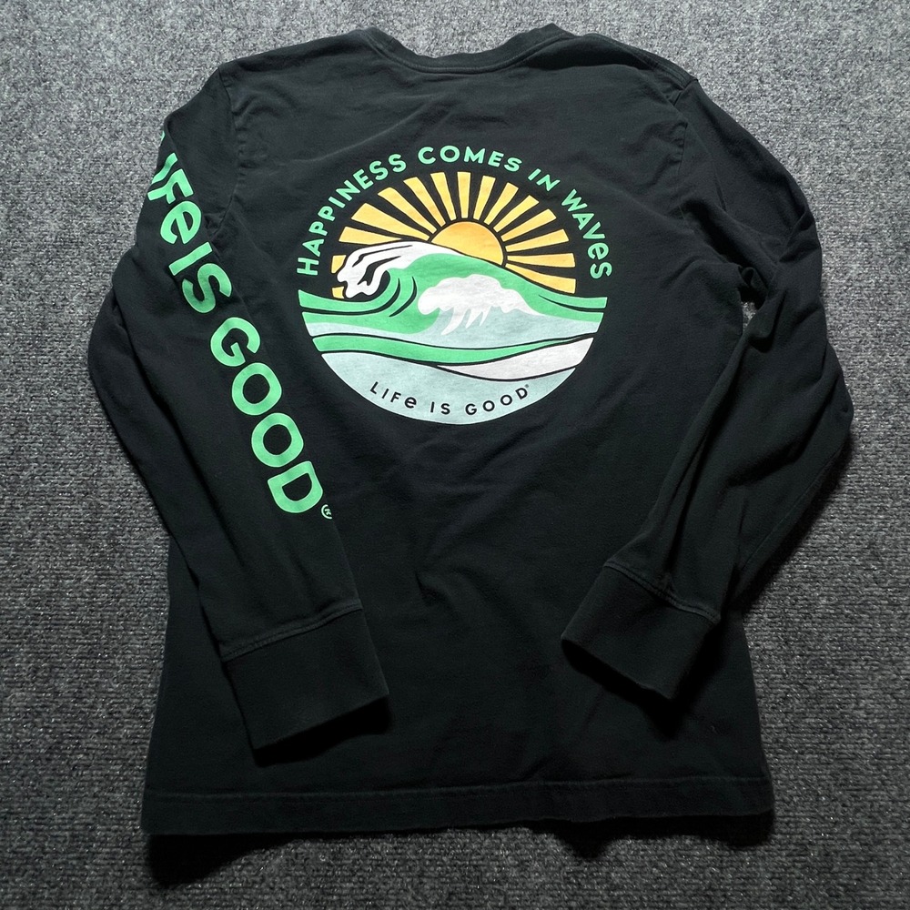Life is Good Mens M Crusher Long Sleeve Shirt Black Happiness Waves Ocean Beach